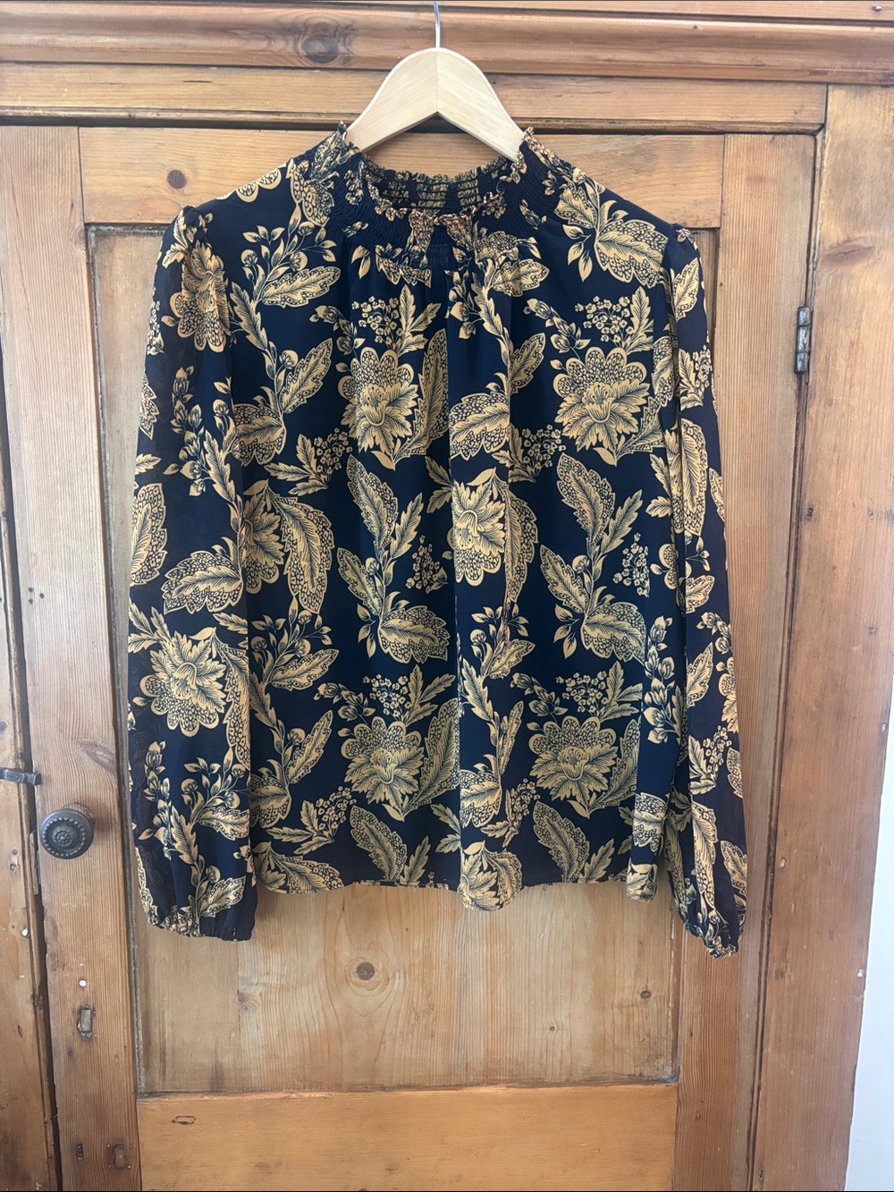 J. Crew Navy Blouse with Gold Floral Print and Smocked Neck